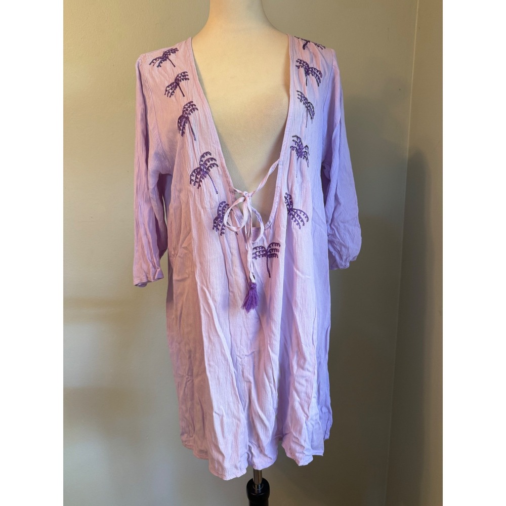 Salty Lemon Purple Palm Tree Embroidered Cover Up Dress boho resort beach Medium